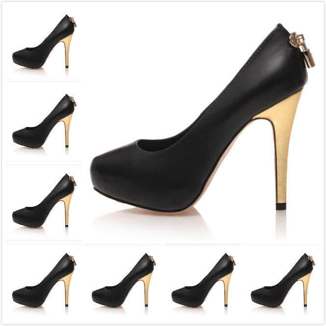 2014 Women s New Style Black Genuine Leather With Gold Lock 12cm High Heel Pumps Ladies