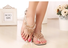 2014 korean bohemian lady  fashion beading  sandal flat heel flip flops women summer comfort shoe large size 34-41 Free shipping