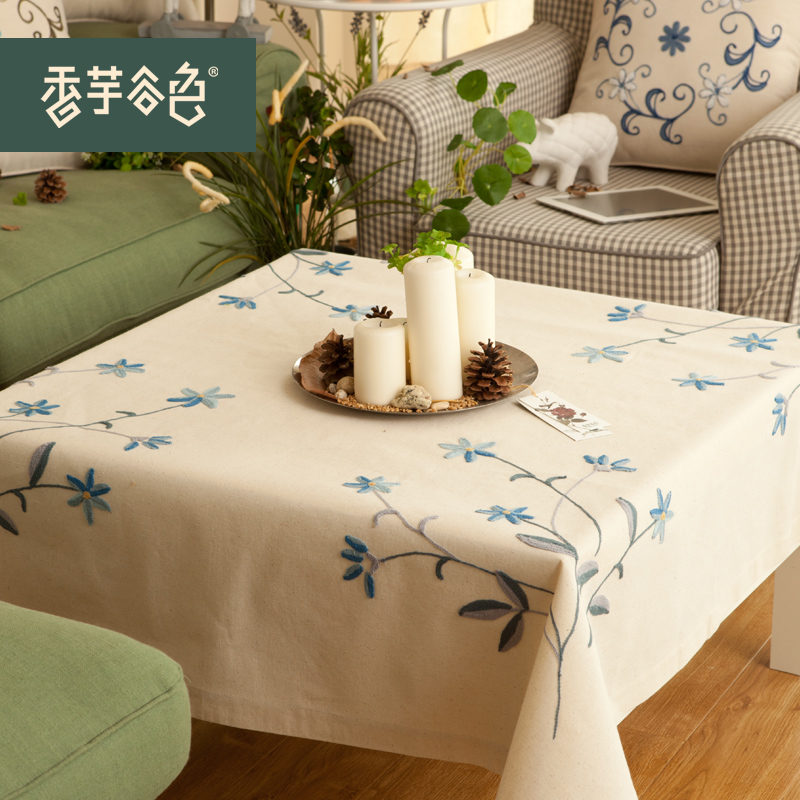 runner  tablecloth on square  table Embroidery table rustic table square Fresh round cloth Blue Begonia