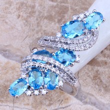 Swiss Blue & White Topaz 925 Sterling Silver Overlay Ring For Women Wedding Size 5 6 7 8 9 10 Free Shipping & Jewelry Bag S0177