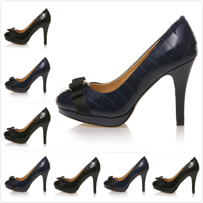 2014 Women s Black Blue Plaid Genuine Leather With Bowtie Slip On Pumps Ladies Brand High
