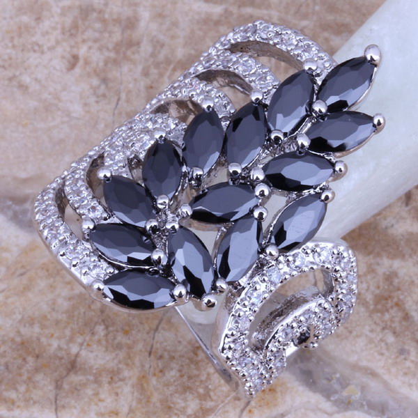 Unique Black Sapphire White Topaz 925 Sterling Silver Ring For Women Size 5 6 7 8