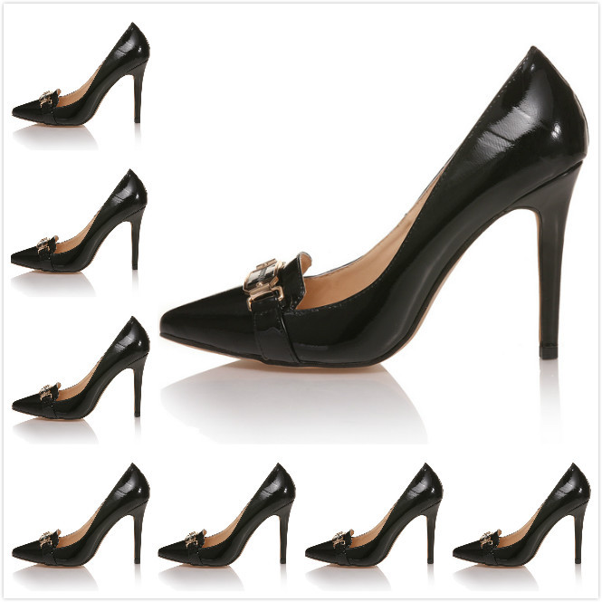 2014 Women s New Design Black Genuine Leather With Gold Metallic Pointed Toe Pumps Ladies High