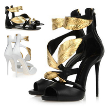 New 2014 Sexy Gold Leaf Design Pumps Sandals Gz Women Pumps Fashion High Heels Wedding Shoes Summer Women Dress Sandals GG1073