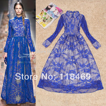 Fashion vvlux 2014 spring long-sleeve lace one-piece dress navy blue full dress expansion bottom sheds