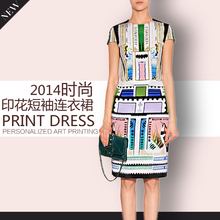 2014 spring and summer fashion geometry patchwork print color block elegant short-sleeve dress slim