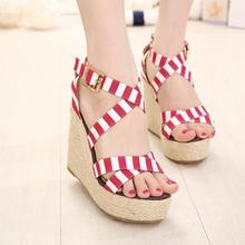 Free shipping 2014 fashion navy canvas hemp rope transpierce wedges sandals 2065 – 1