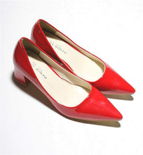 2014 sexy fashion pointed toe wedding shoes red japanned leather thick heel single shoes female high-heeled shoes