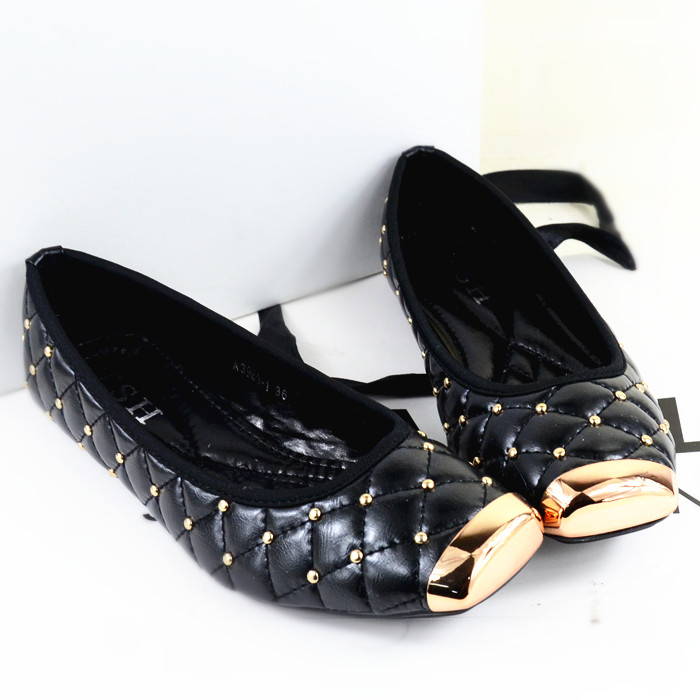 Free shipping women flats new shoes lattice rivet square shoes elegant flat women shoes size 35