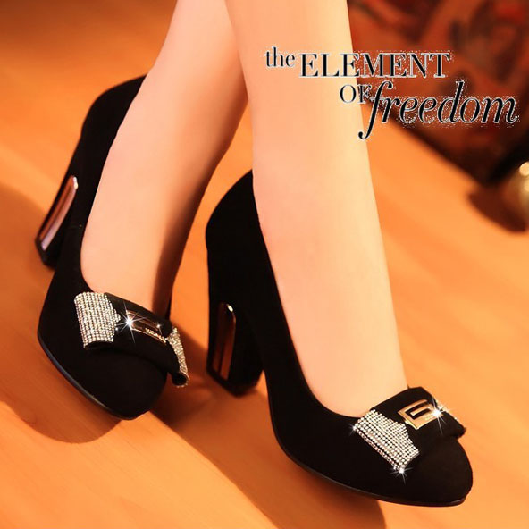 2014 spring bow rhinestone single shoes female medium shallow mouth casual shoes work shoes 