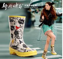 Drop Shipping 2013 Women Fashion Brand Low Heels Waterproof Wellies Water Boots High Top Long Rainboots Black Red Rain Shoes193