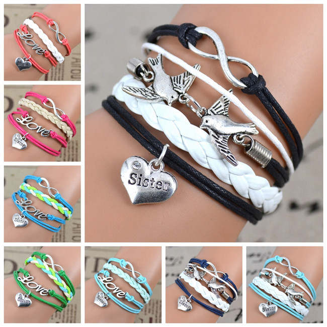 Free shipping NEW Fashion 2014 Best Gift Infinity love Birds sister Charm Bracelet With Handwoven leather
