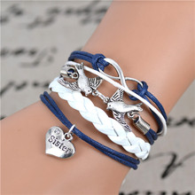 Free shipping NEW Fashion 2014 Best Gift Infinity love Birds sister Charm Bracelet With Handwoven leather
