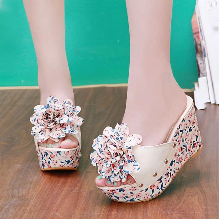 2014 Summer shoes the big flower muffin bottom slope women sandals thick crust waterproof high heeled