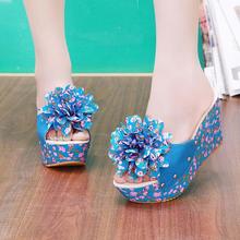 2014 Summer shoes the big flower muffin bottom slope women sandals thick crust waterproof high heeled