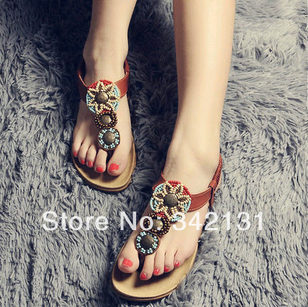 On Sale Free Shipping Women s Sandals 2014 Summer Bohemian beaded Clip toe Flat sandals Eur