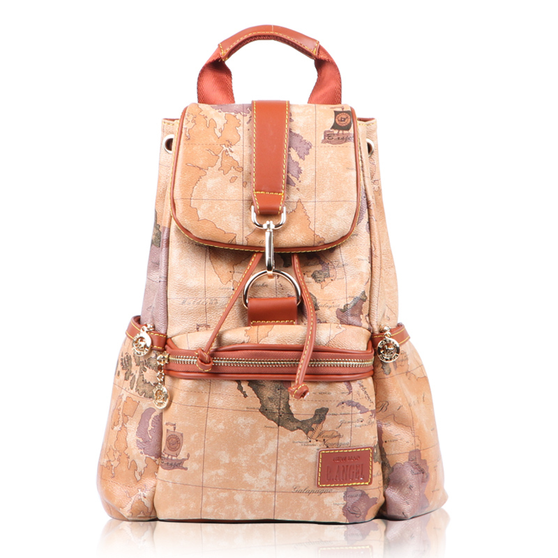 Vintage Women s World Map Prints PCV Leather Backpack 2014 New Yellow Large Medium Buckle Flap