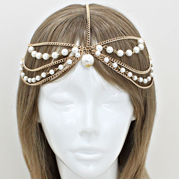 Bohemian Gold Pearl Multi Layer Head Chain Headpiece Grecian head chain Harlow Style Gypsy head jewelry