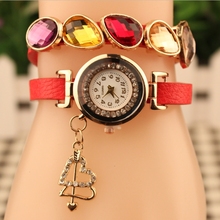 New 2014 Fashion Watch Colored Crystal Leather Strap Dress Watches Cupid Quartz Watch For Women Girl