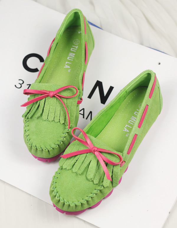 Sweet bow tassel gommini loafers candy color genuine leather flat bottomed single shoes round toe shoes