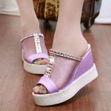 Summer wedges slippers gauze rhinestone platform word slippers platform high-heeled slippers female plus size female sandals