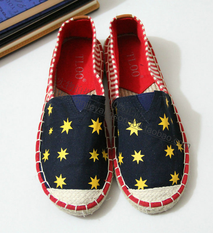 2014 handmade color block decoration low hemp soled shoes flat shoes lazy women s shoes canvas