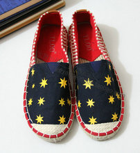2014 handmade color block decoration low hemp-soled shoes flat shoes lazy women’s shoes canvas shoes
