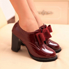 2014 japanned leather bow small single shoes female thick heel vintage fashion female high-heeled shoes