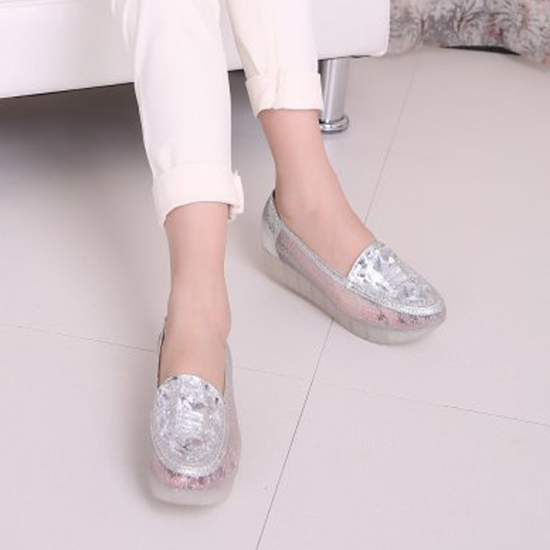 Spring pointed toe rhinestone platform wedges platform shallow mouth swing shoes crystal single shoes transparent gauze