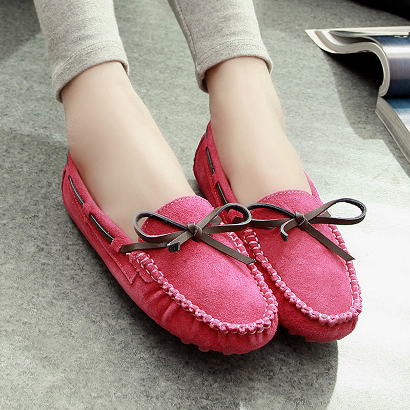 2014 spring scrub gommini genuine leather loafers female bow round toe flat bottomed flat heel single