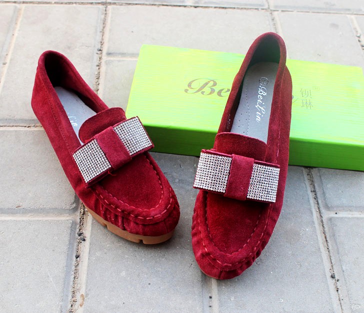 Horsehair bow rhinestone scrub genuine leather comfortable flat shoes low top women s shoes single shoes
