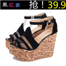 New arrival sweet candy color shallow mouth wedges sandals platform shoes round toe platform high-heeled shoes button women’s