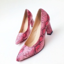 Serpentine pattern star style pointed toe high-heeled shoes shallow mouth thick heel single shoes red sole sexy rose white