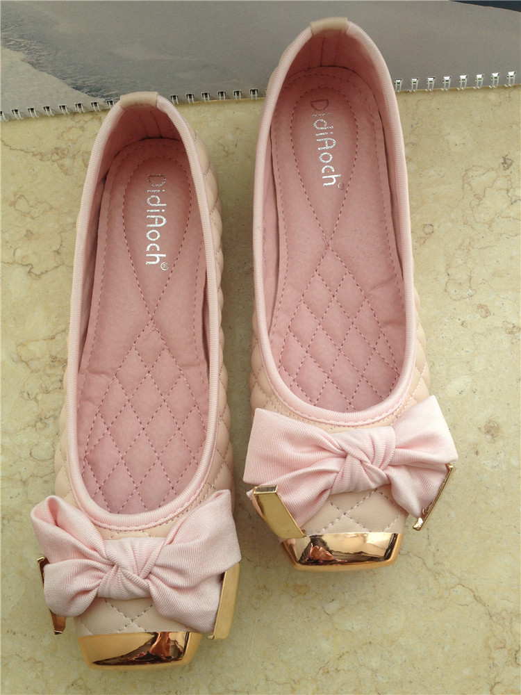 Spring check soft outsole sweet dipper shoes flat single shoes flat heel bow metal square toe