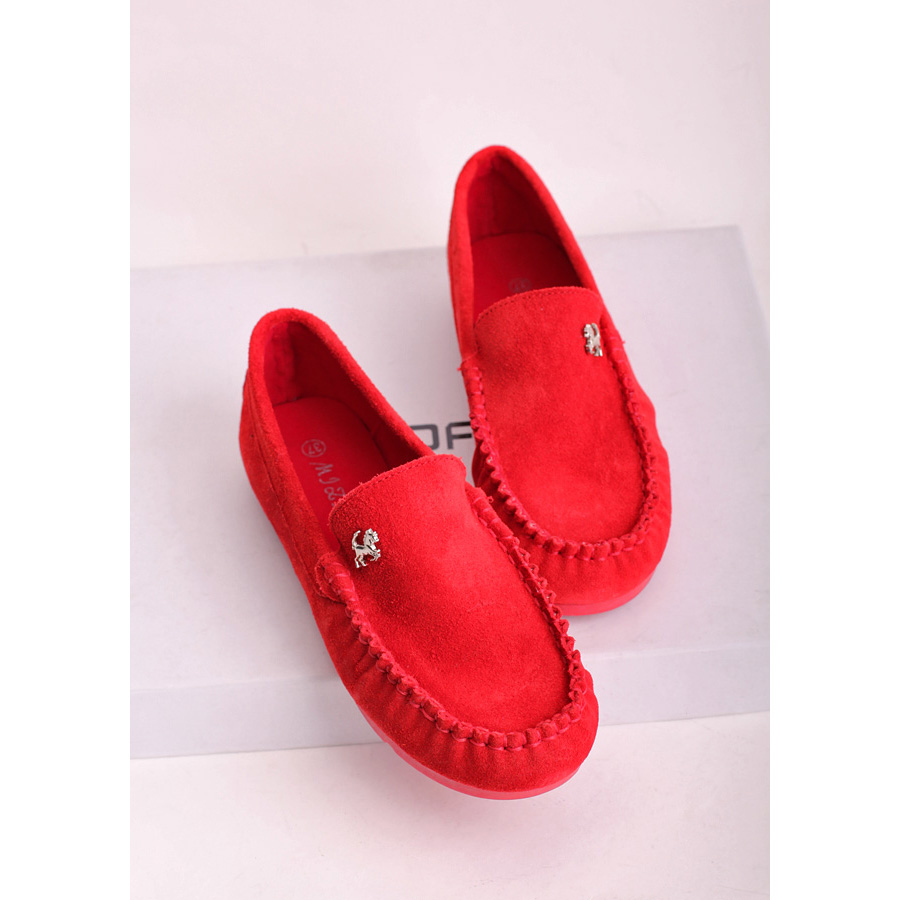 Fashion genuine leather women s shoes Moccasins metal round toe nubuck cowhide flat heel single shoes