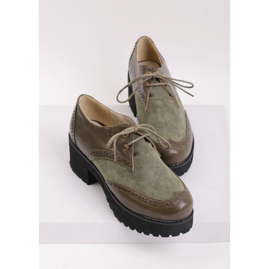 2014 women s spring shoes lacing Army Green patchwork shoes thick heel round toe casual shoes