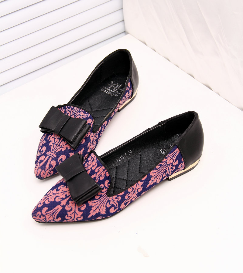 Fresh pointed toe transpierce print bow single shoes elegant gentlewomen women s flat heel shoes vintage