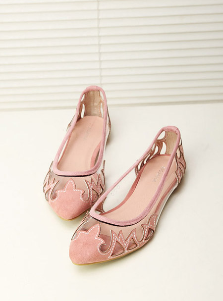 Fashion carved cutout transparent pointed toe flat velvet shallow mouth single shoes flat heel women s