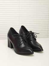 2014 spring full genuine leather high-heeled shoes women’s shoes pointed toe lacing thick heel shoes cowhide shoes