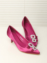 Rhinestone hasp pointed toe fashion ladies shoes wedding shoes satin fabric high thin heels single shoes female shoes