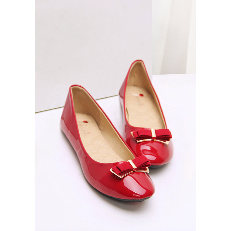 Spring and autumn bow round toe shoes sweet japanned leather flat red wedding shoes