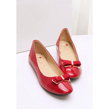 Spring and autumn bow round toe shoes sweet japanned leather flat red wedding shoes