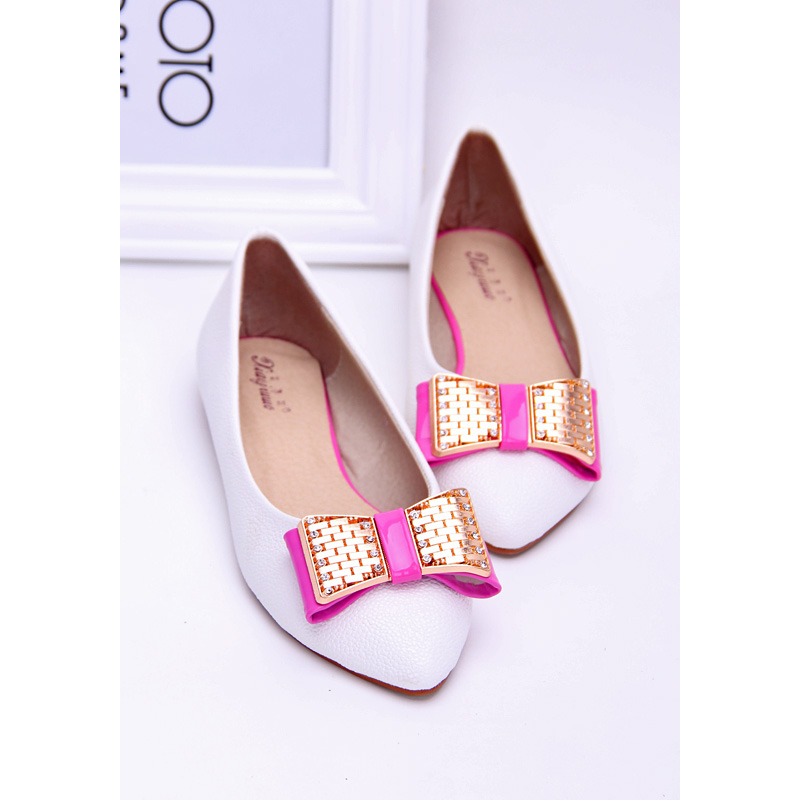 2014 flat heel single shoes shallow mouth color block decoration pointed toe shoes rhinestone bow casual