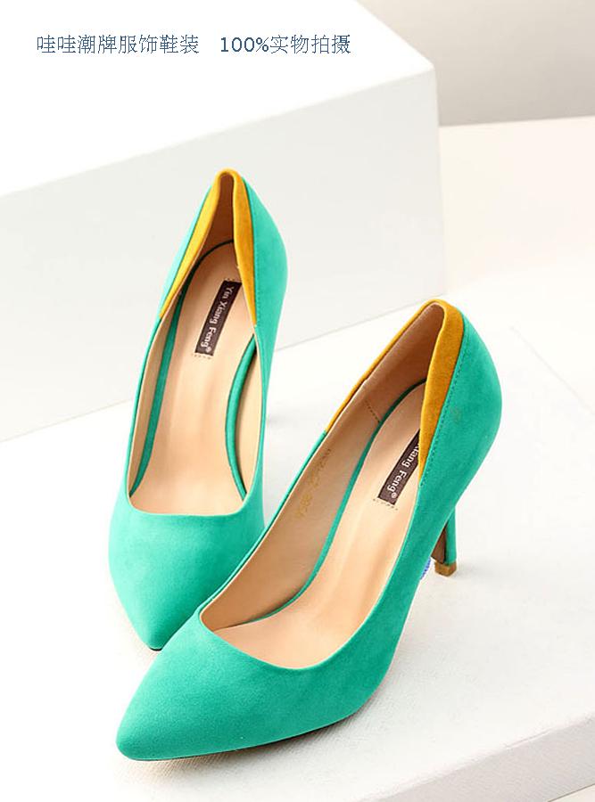 Green velvet pointed toe color block decoration elegant high heeled shoes shallow mouth thin heels shoes