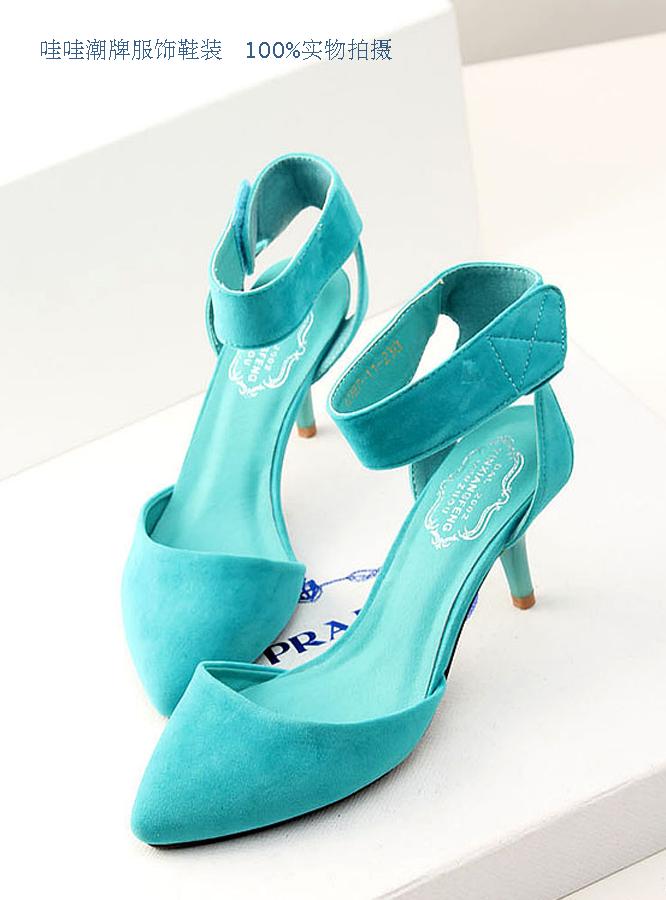 Women s sandals new arrival 2014 solid color velvet elegant button pointed toe cutout belt high