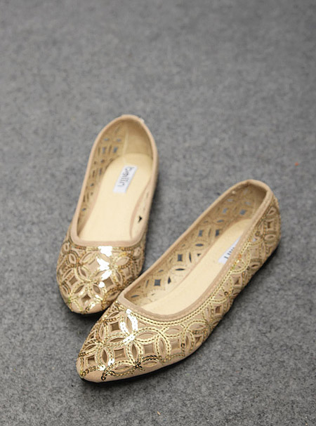 Summer pointed toe flat bottomed single shoes cutout handmade paillette work shoes plus size all match