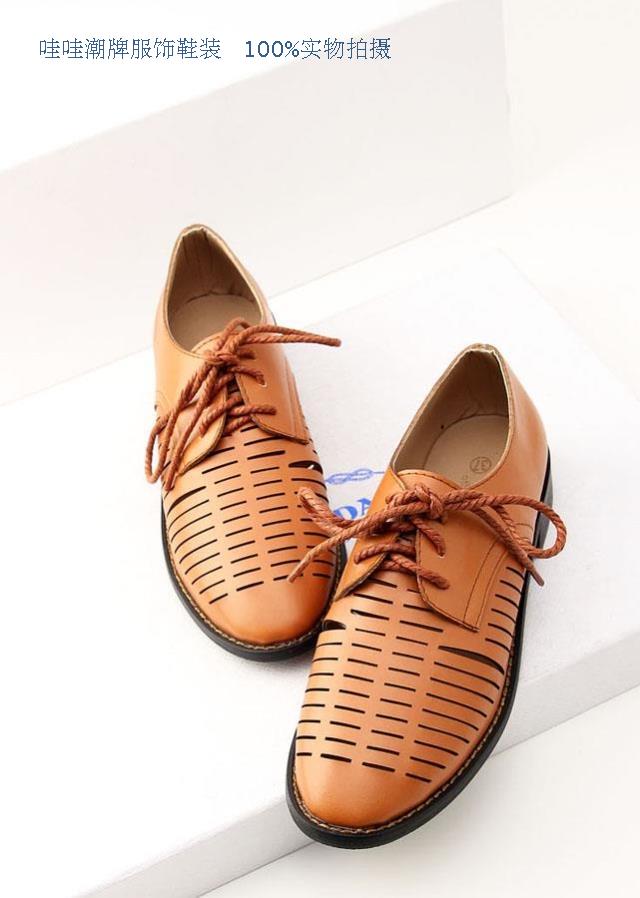 Spring and summer vintage cutout lacing round toe flat heel shoes low top casual leather women