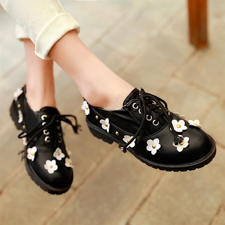 2014 spring color block decoration flower single shoes female preppy style flat heel flat shoes lacing