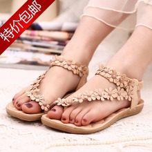 2014 bohemia sandals beaded flower flat flip-flop flat heel single shoes female