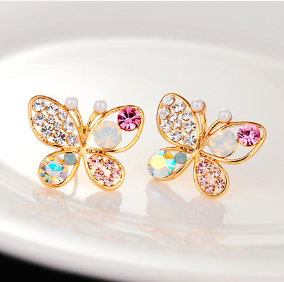 18KG Plated 2014 New Korean Luxury Hollow Shiny Colorful Cystal Simulated Pearl 18KGP Butterly Stud Earrings